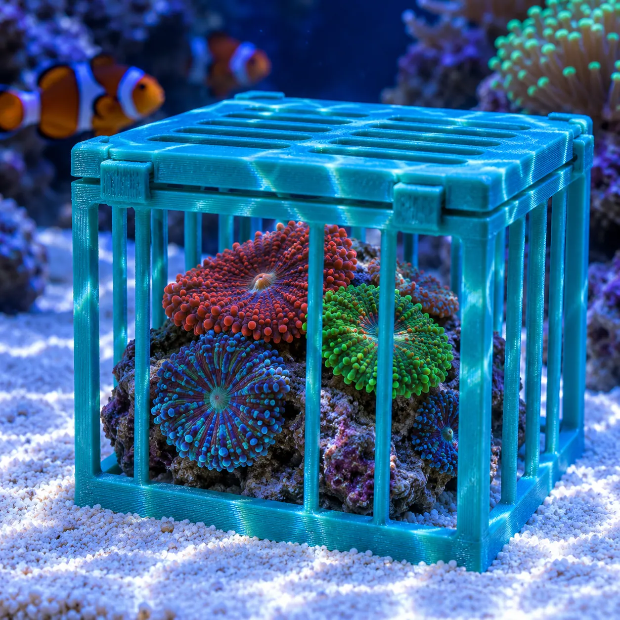An aqua 3D-printed coral cage with mushroom corals inside, sitting on the sand of a reef tank