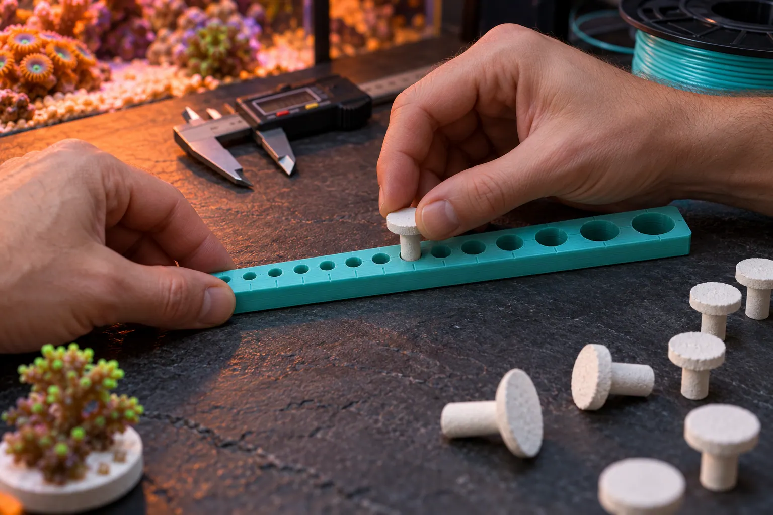 Hands pressing a frag plug into a printed fit-test strip with holes that step up in size