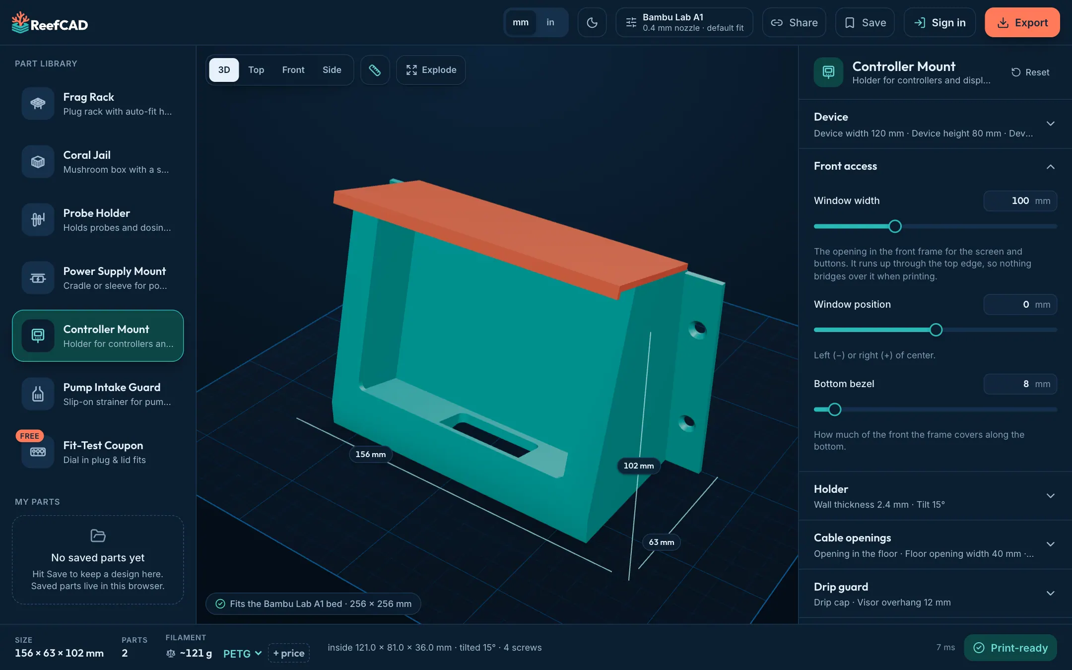 Designing a controller mount in ReefCAD on a laptop