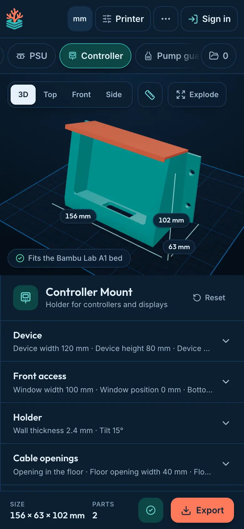Designing a controller mount in ReefCAD on a phone