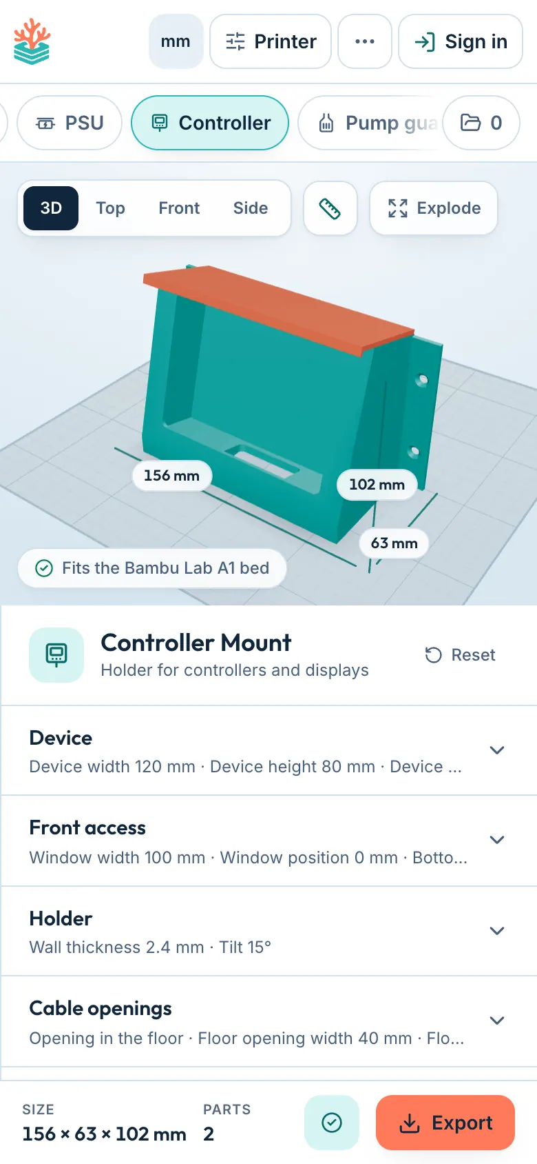 Designing a controller mount in ReefCAD on a phone