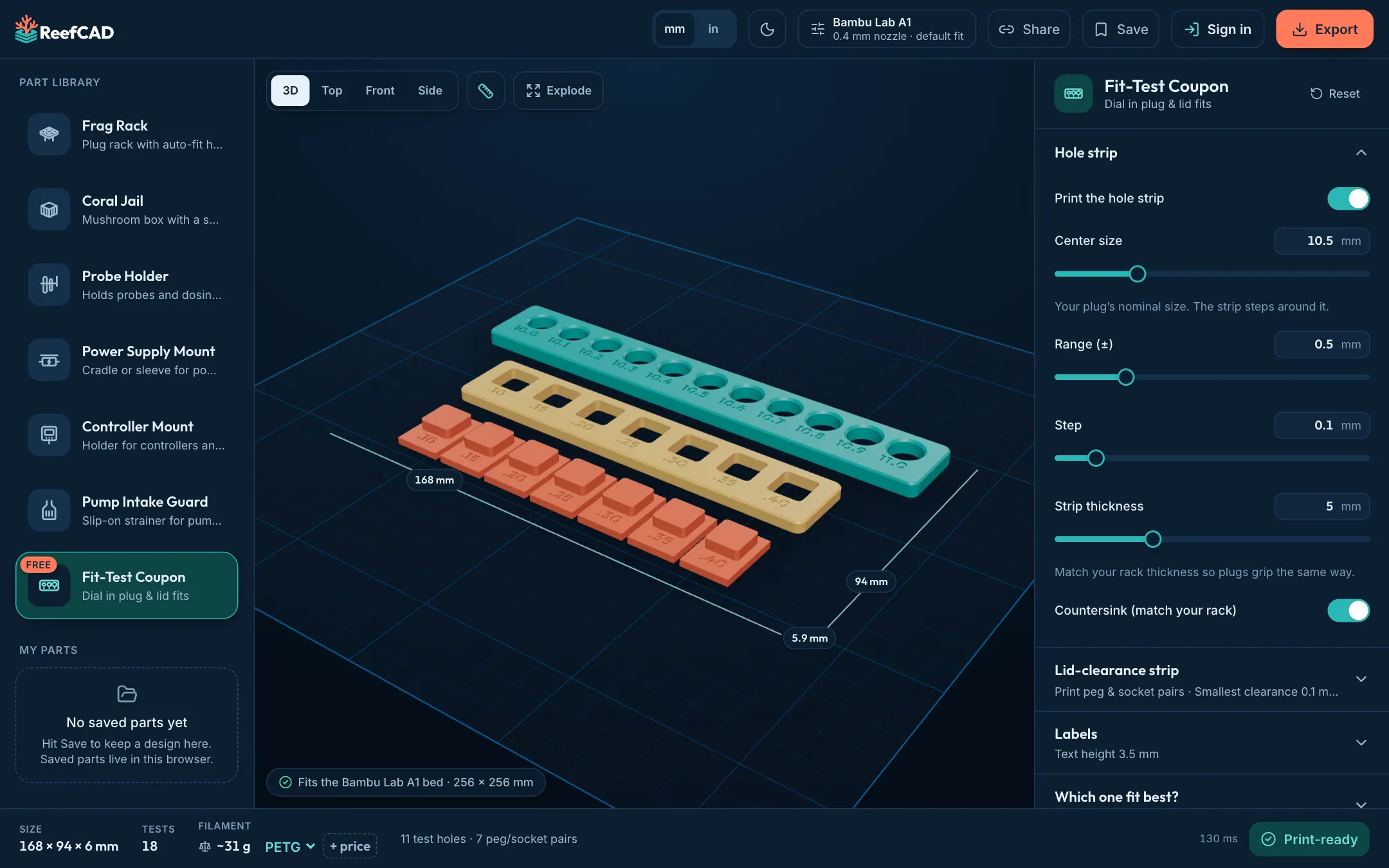 Designing a fit-test coupon in ReefCAD on a laptop
