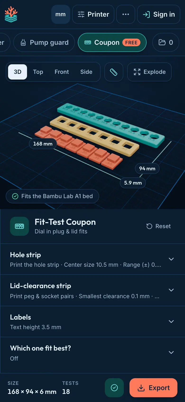 Designing a fit-test coupon in ReefCAD on a phone