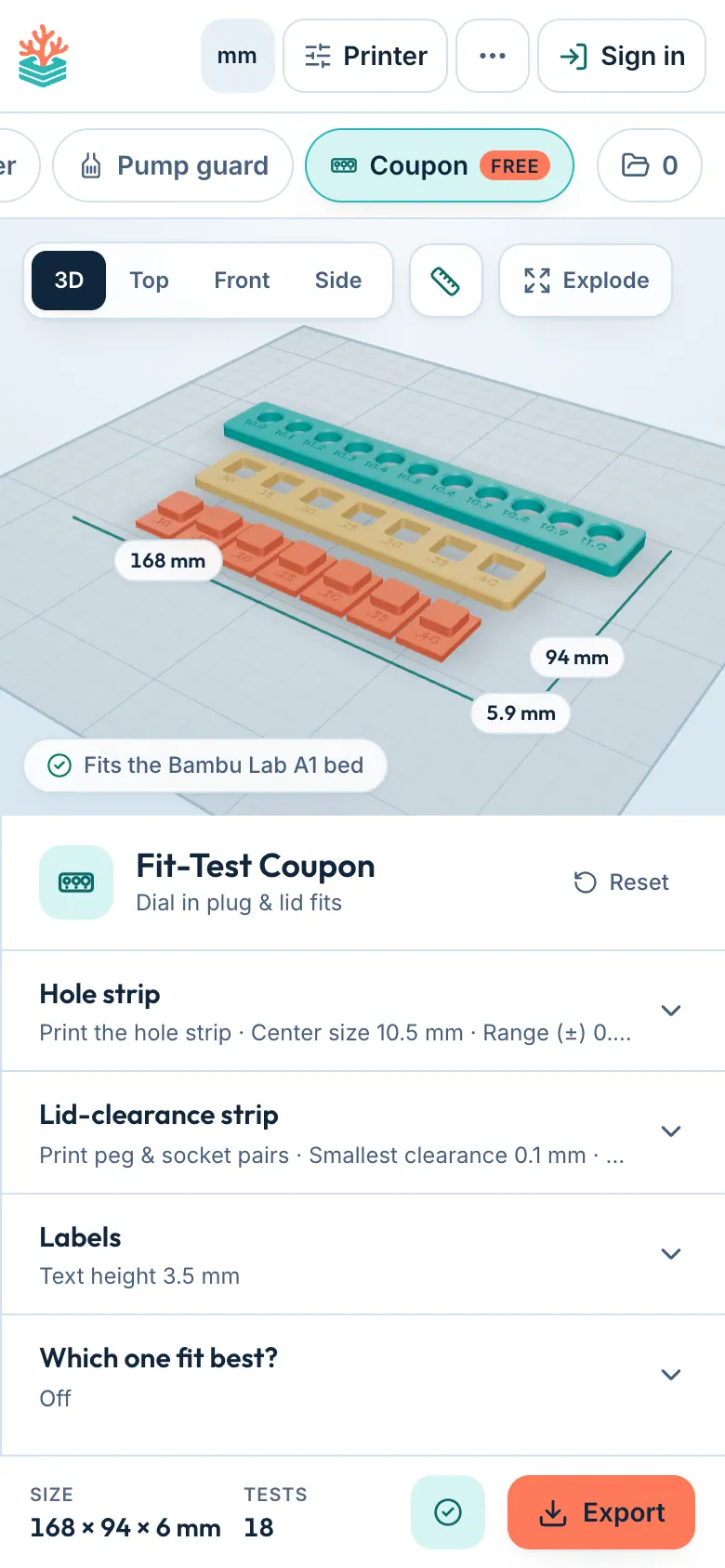 Designing a fit-test coupon in ReefCAD on a phone