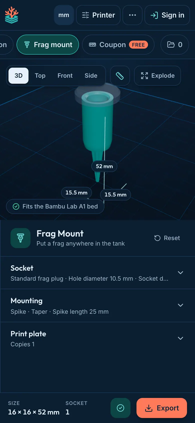 Designing a frag mount in ReefCAD on a phone