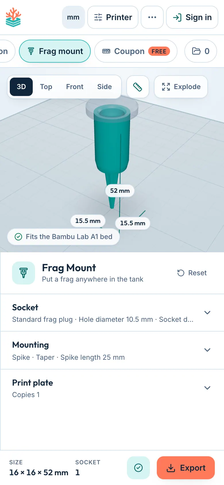 Designing a frag mount in ReefCAD on a phone