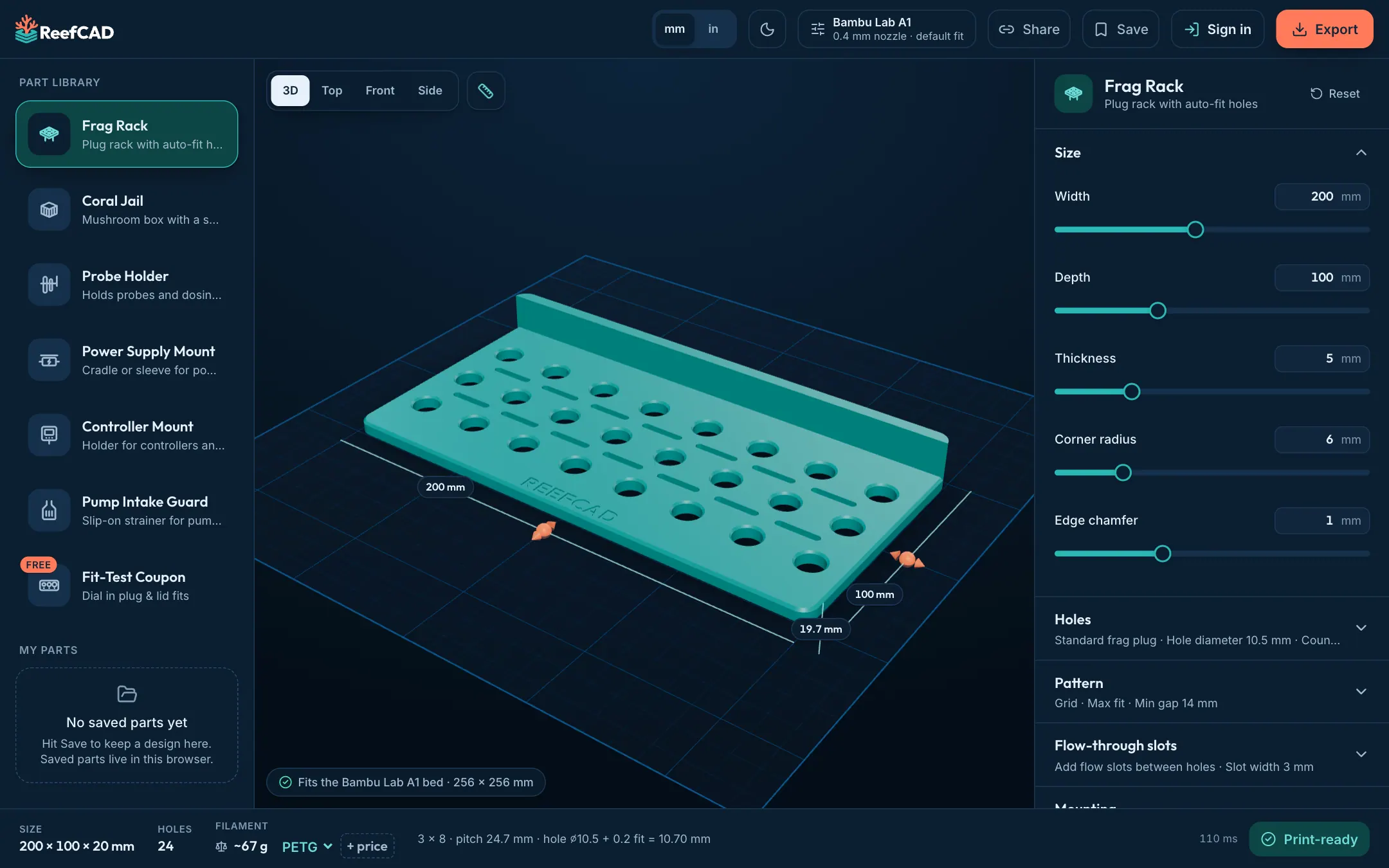 Designing a frag rack in ReefCAD on a laptop