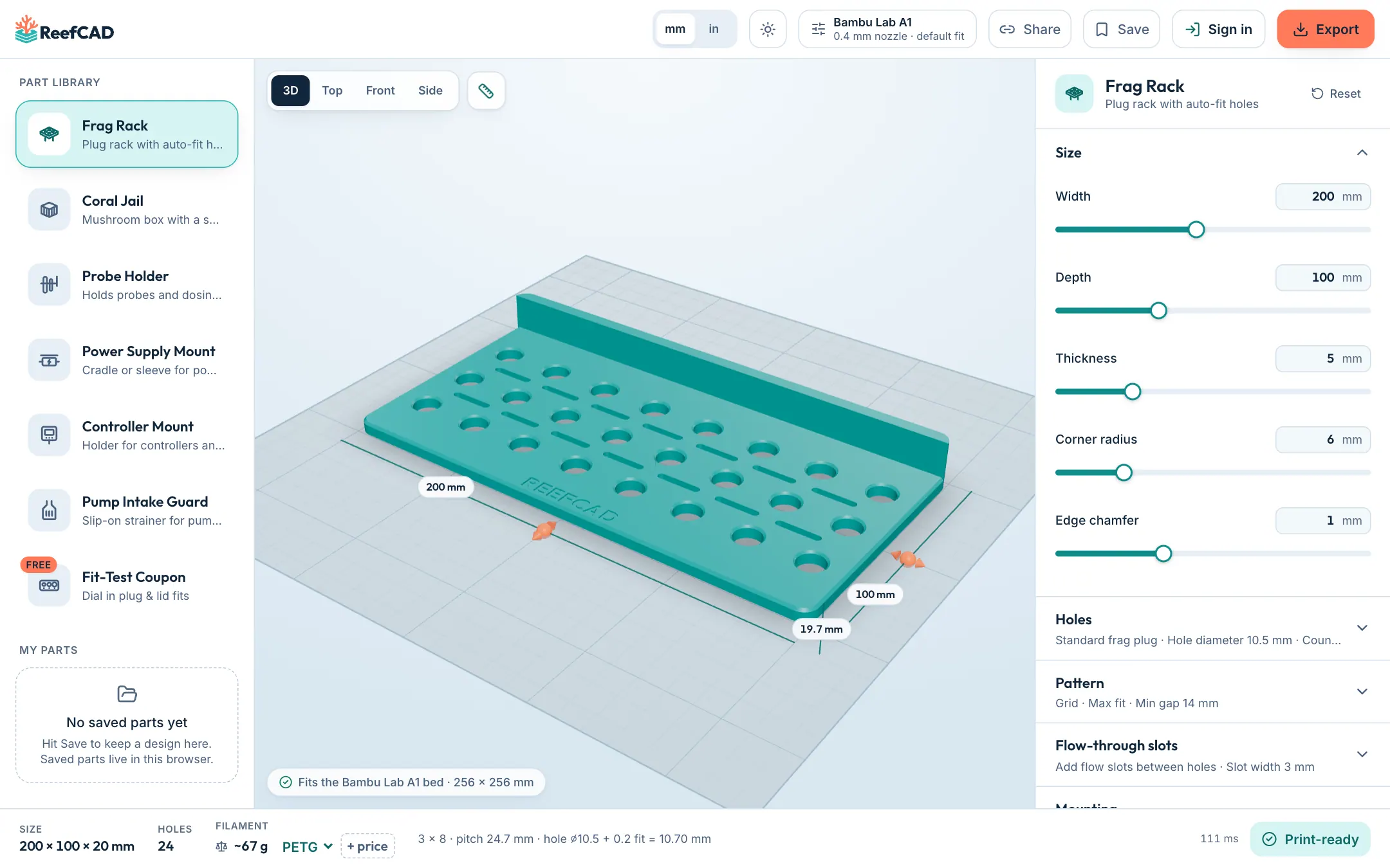 Designing a frag rack in ReefCAD on a laptop