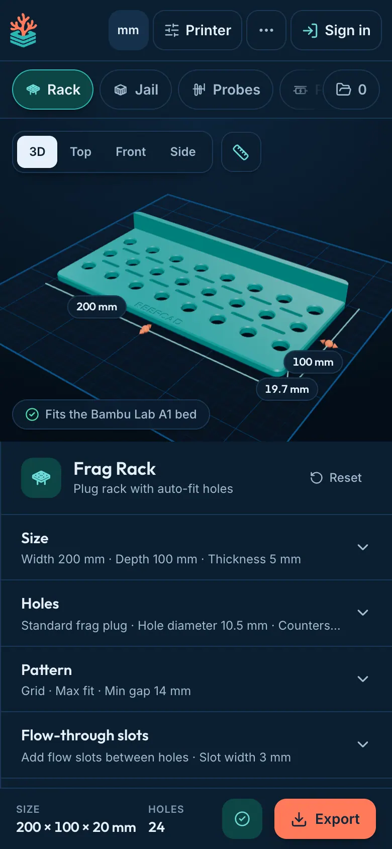 Designing a frag rack in ReefCAD on a phone