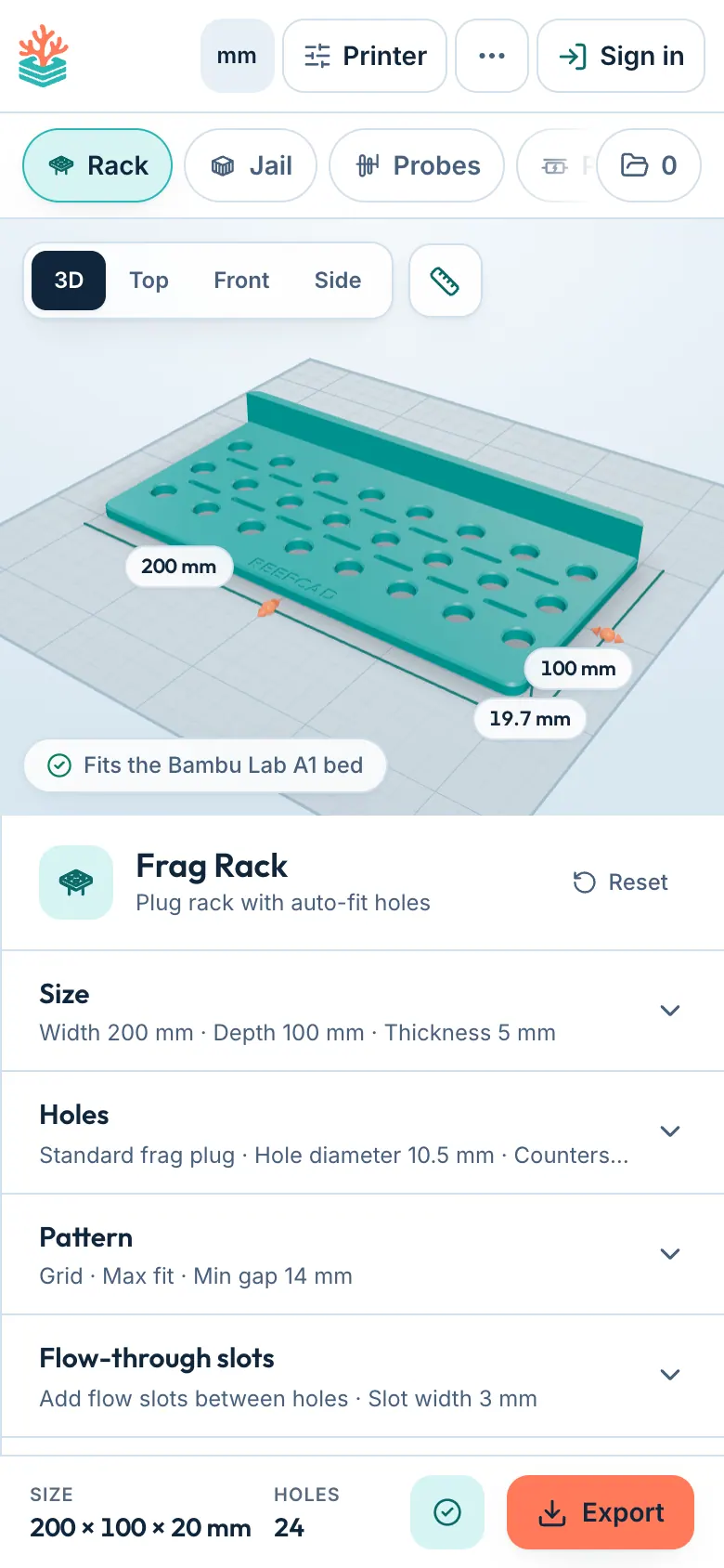 Designing a frag rack in ReefCAD on a phone