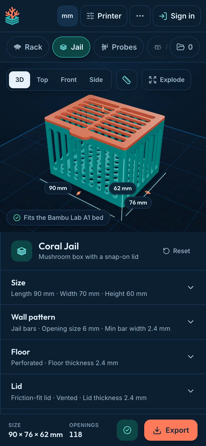 Designing a coral jail in ReefCAD on a phone