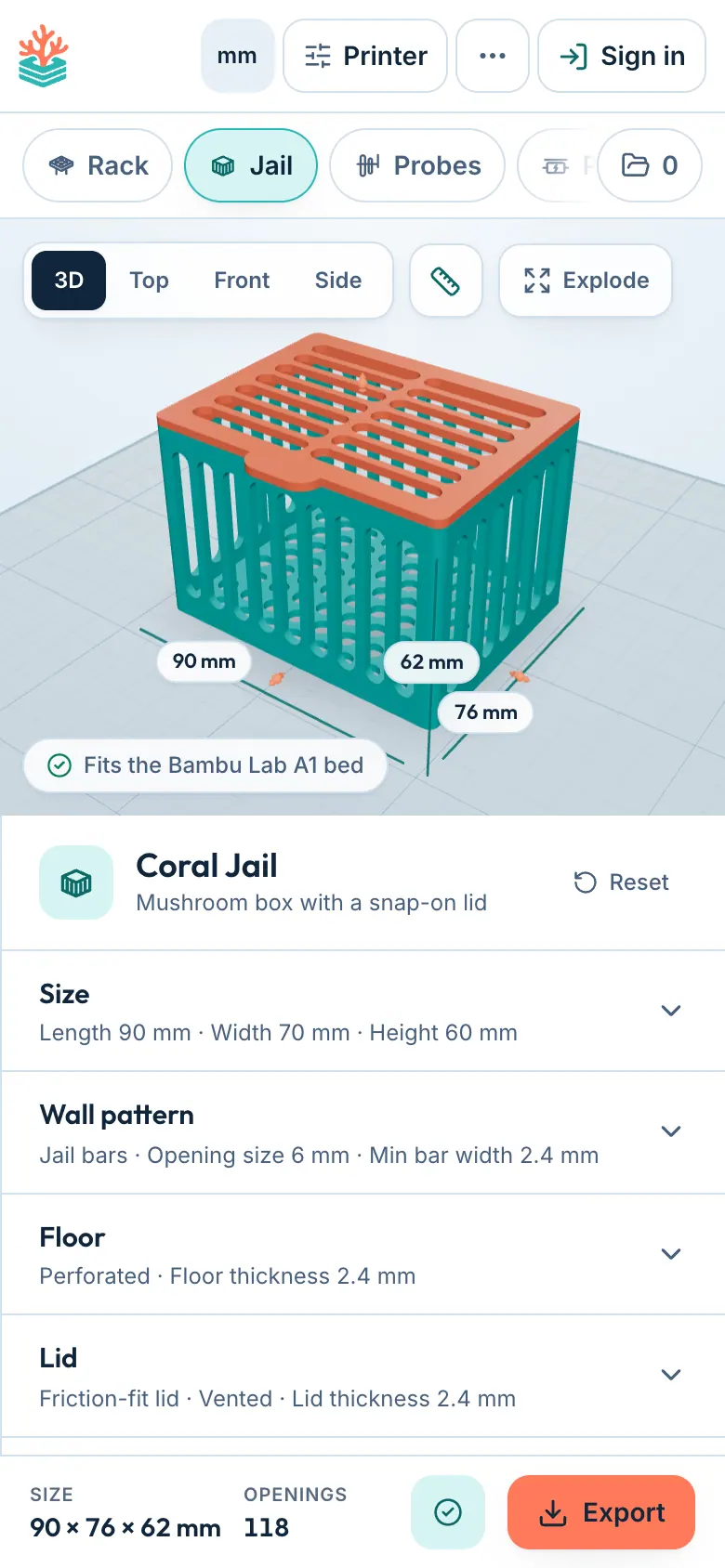 Designing a coral jail in ReefCAD on a phone