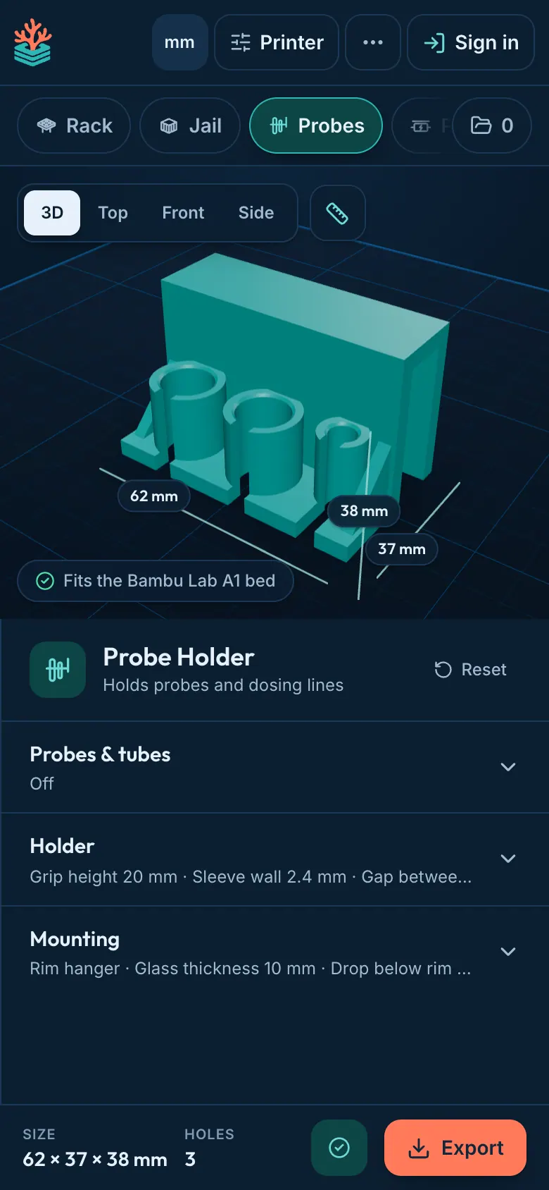 Designing a probe holder in ReefCAD on a phone