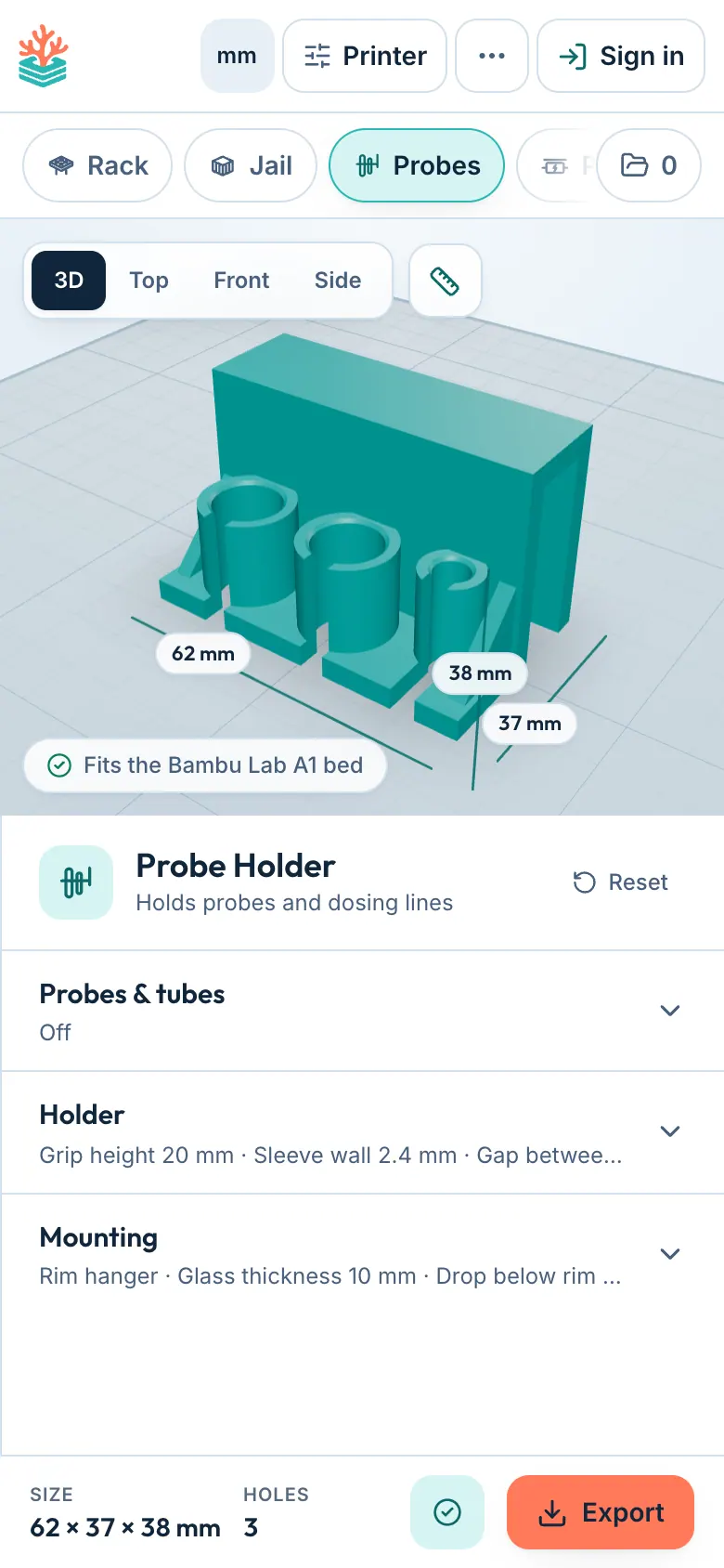 Designing a probe holder in ReefCAD on a phone