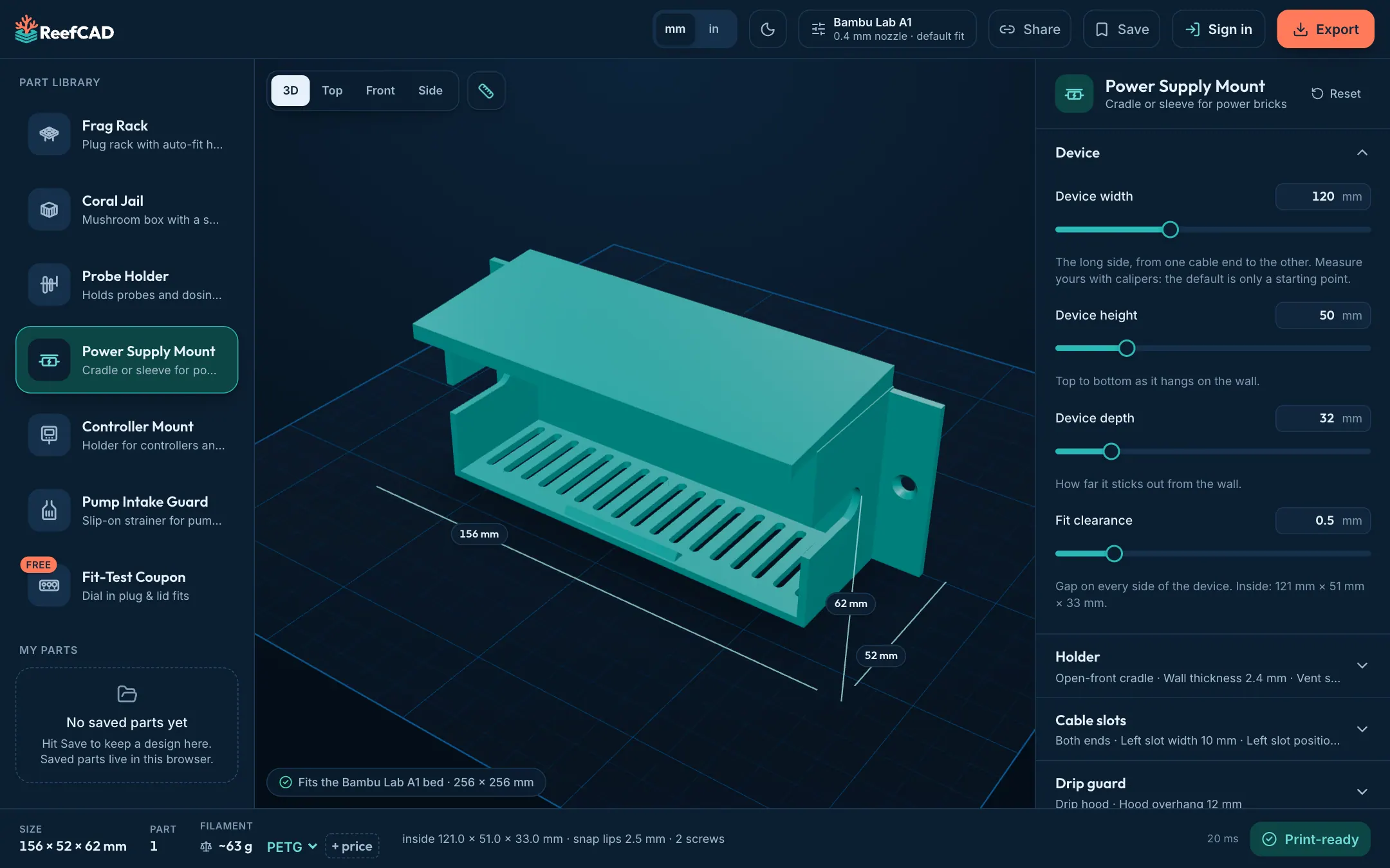 Designing a power supply mount in ReefCAD on a laptop