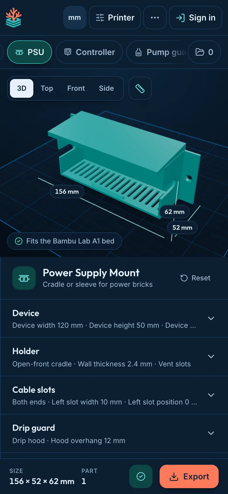 Designing a power supply mount in ReefCAD on a phone