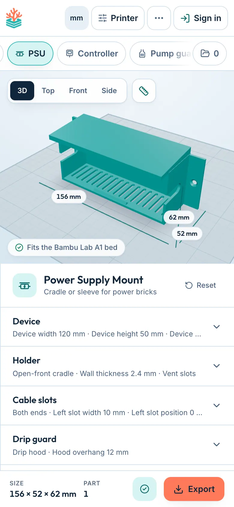 Designing a power supply mount in ReefCAD on a phone