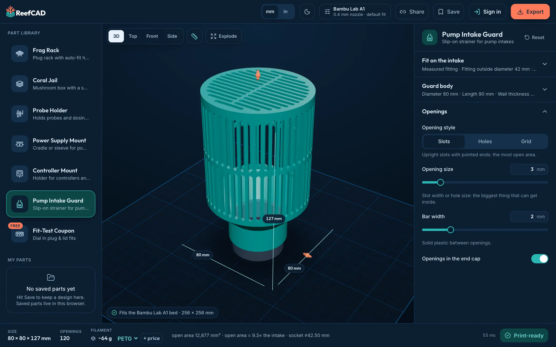 Designing a pump intake guard in ReefCAD on a laptop