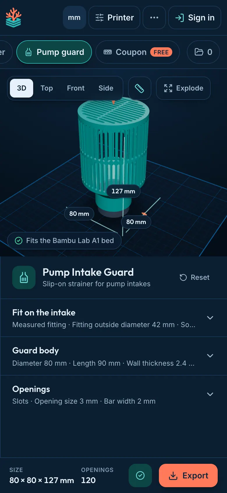 Designing a pump intake guard in ReefCAD on a phone