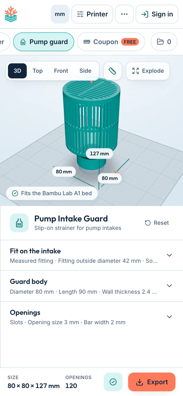 Designing a pump intake guard in ReefCAD on a phone
