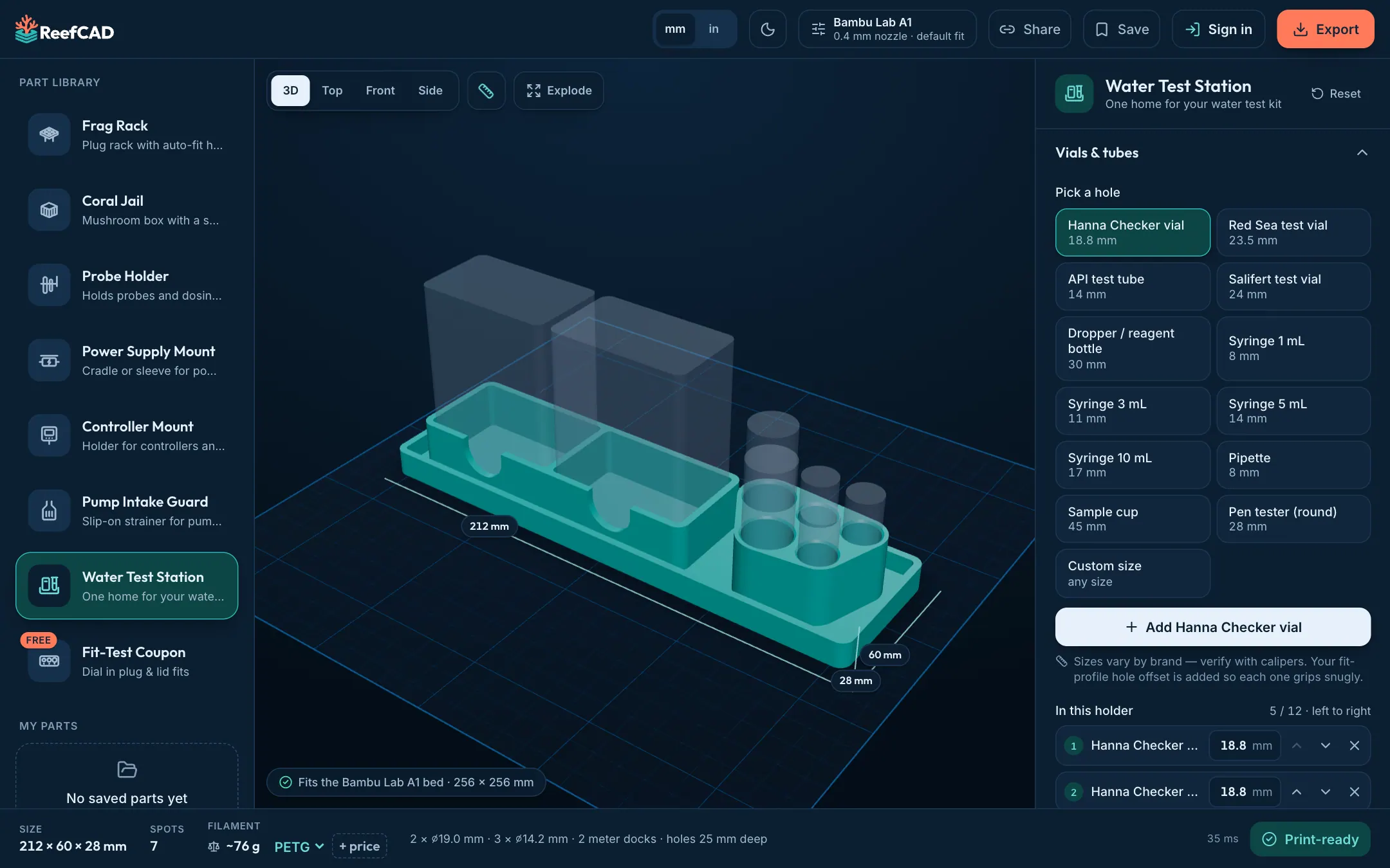 Designing a water test station in ReefCAD on a laptop