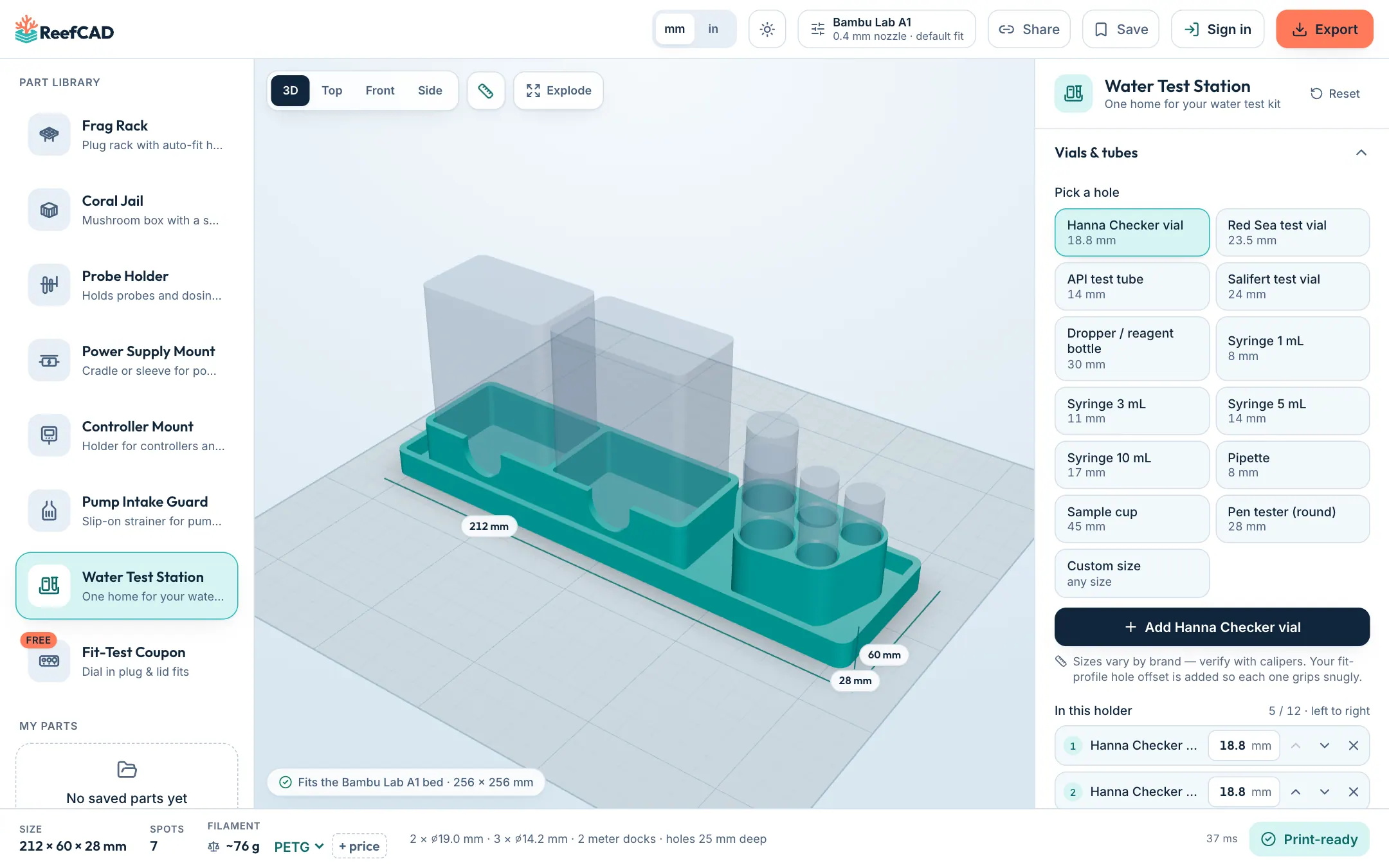Designing a water test station in ReefCAD on a laptop