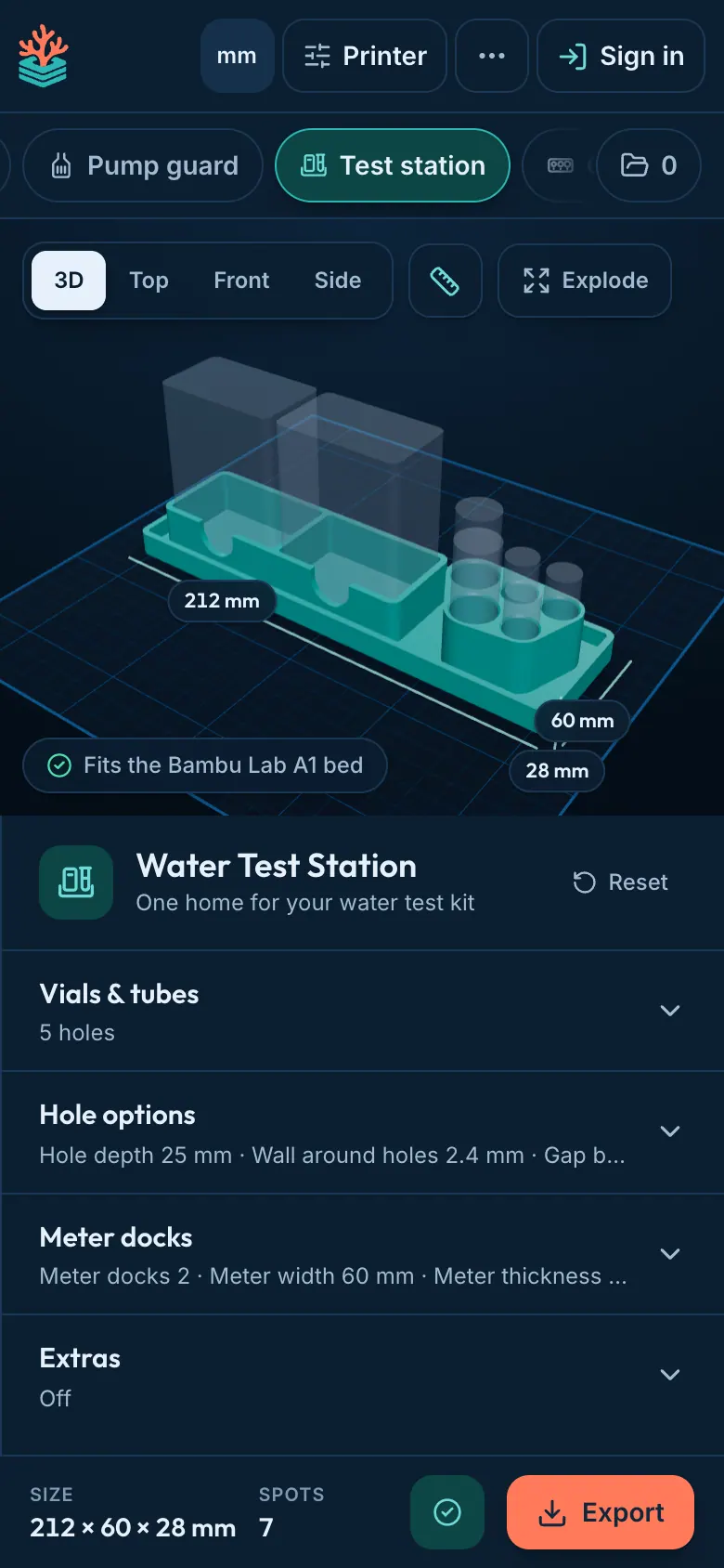 Designing a water test station in ReefCAD on a phone