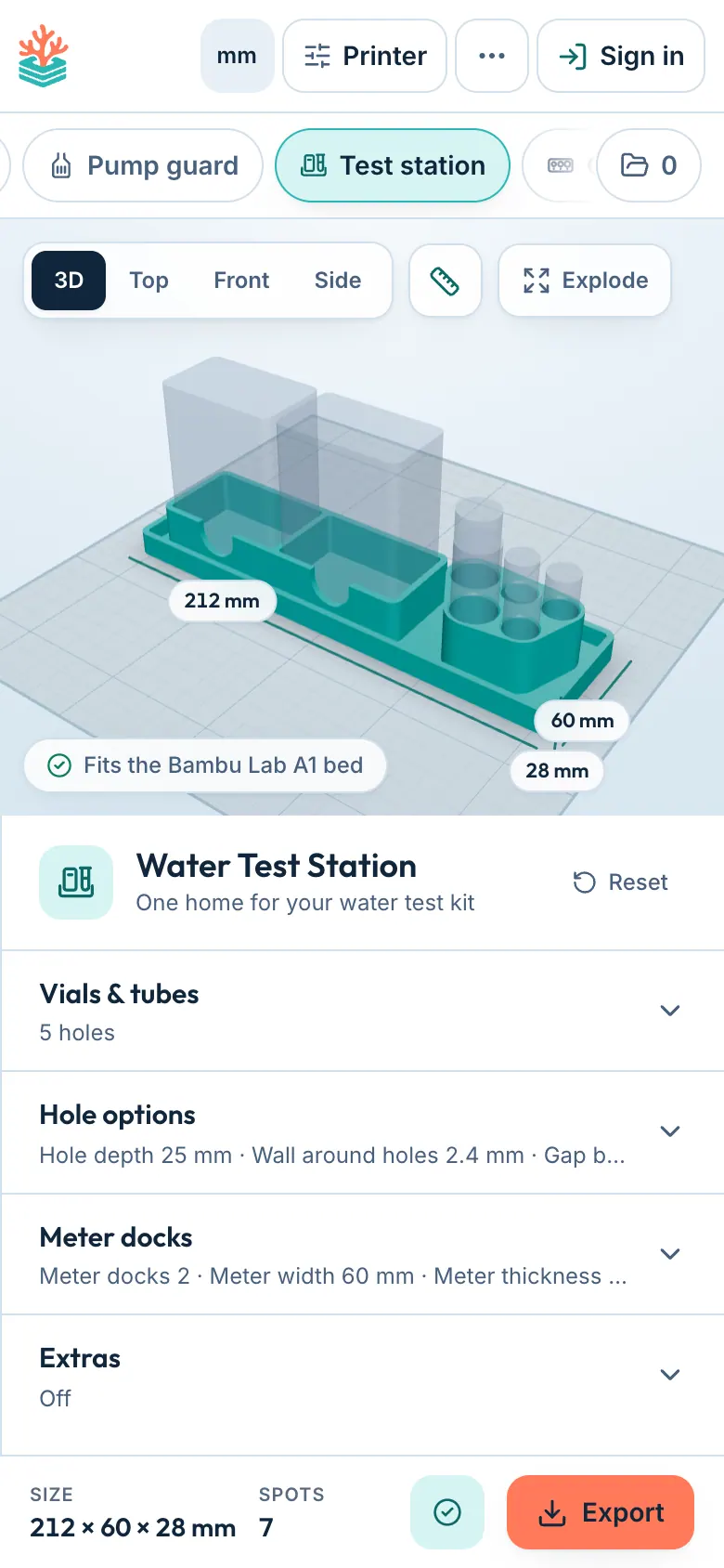 Designing a water test station in ReefCAD on a phone